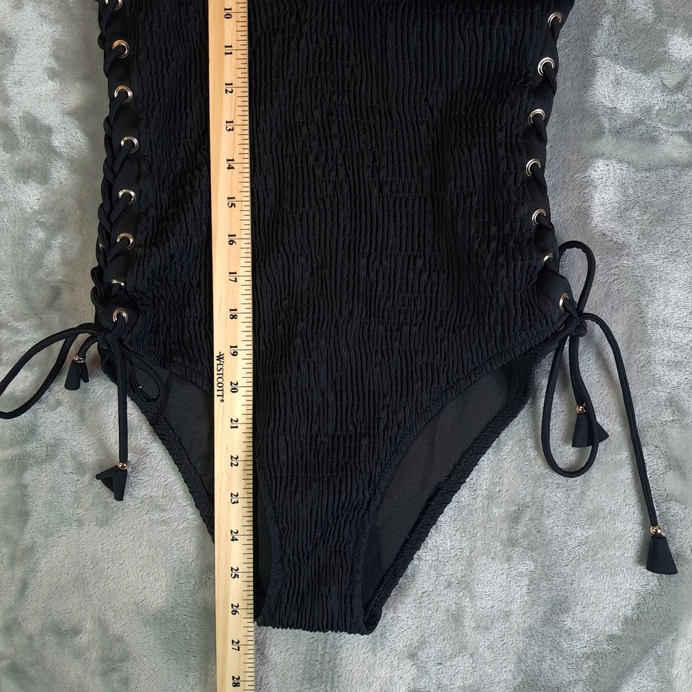 Victoria Secret Ensenada Smocked One Piece Swimsuit Medium M Black Lace Up 34777 - Picture 6 of 6
